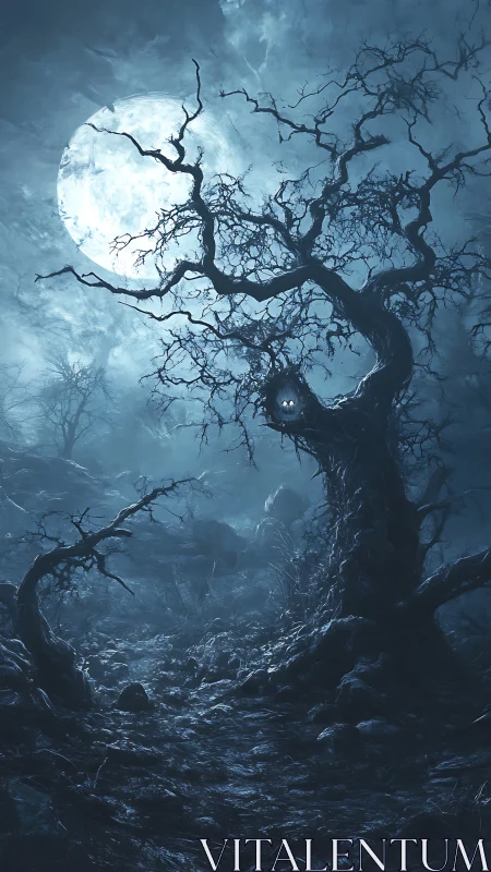 Gnarled moonlit tree dominates a fog-drenched haunted forest