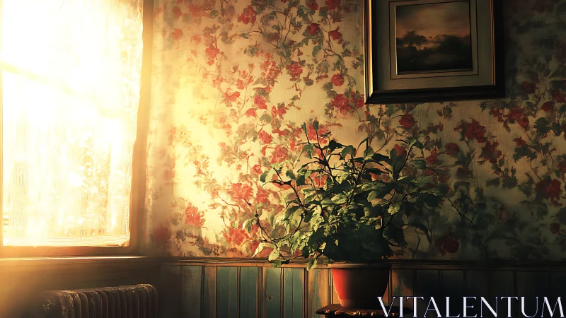 Potted plant stands in sunlit vintage room corner interior