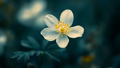 White Anemone Flower Golden Center Dewy Petals.