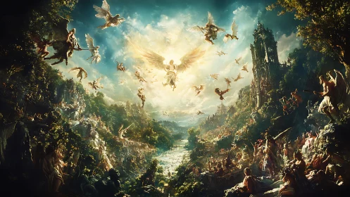 Radiant angelic sky over a lush, otherworldly valley.