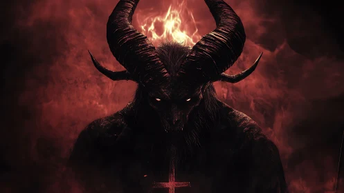Horned demonic figure stands in red smoke with burning halo
