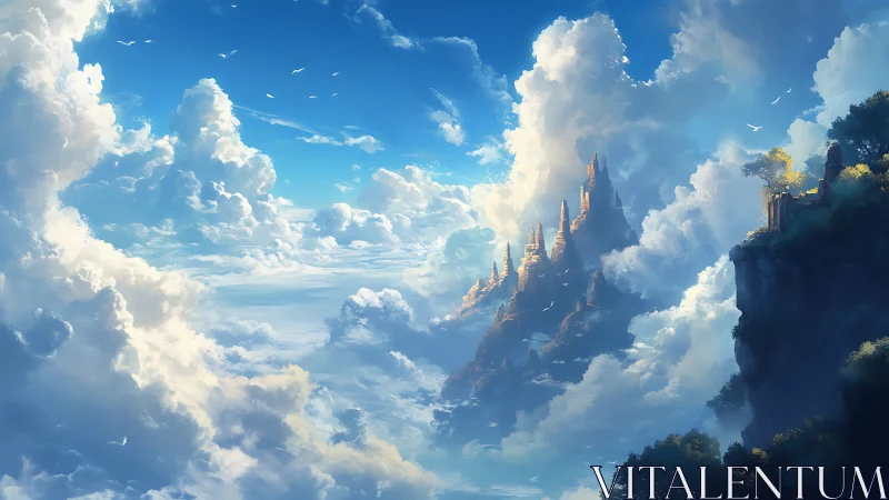 Sky kingdom rising through radiant sunlit clouds.