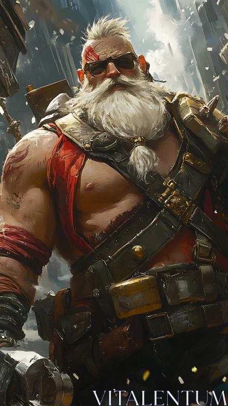 Battle-hardened cyberpunk warrior stands in sunlit ruins.