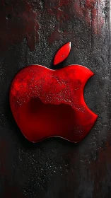 Bold red apple emblem glowing on a dark textured wall.