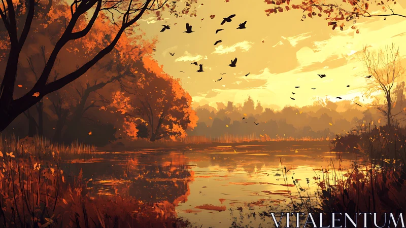 Golden autumn wetland at sunset with dynamic bird silhouettes.