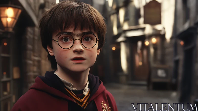 Young wizard stands awestruck in a dim, magical alleyway