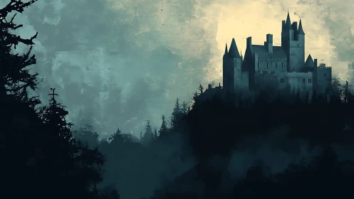 Hilltop castle silhouette above dense conifer forest at dusk.