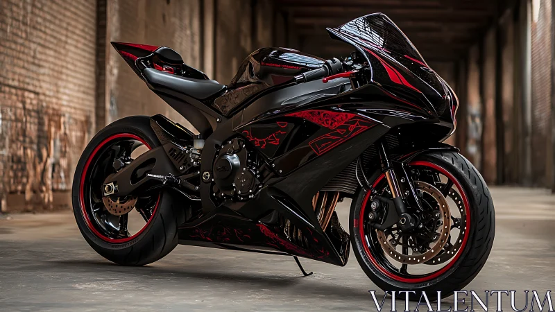 Aerodynamic black superbike showcases aggressive red trim detailing