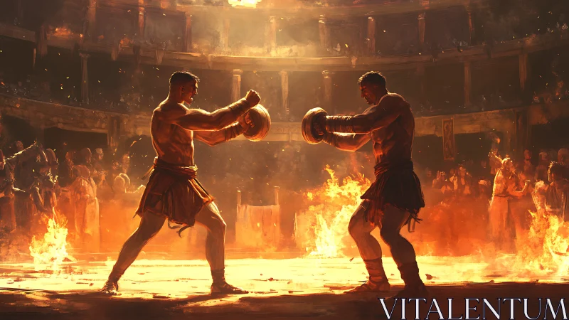 Ancient Gladiators Fighting in Flaming Arena.
