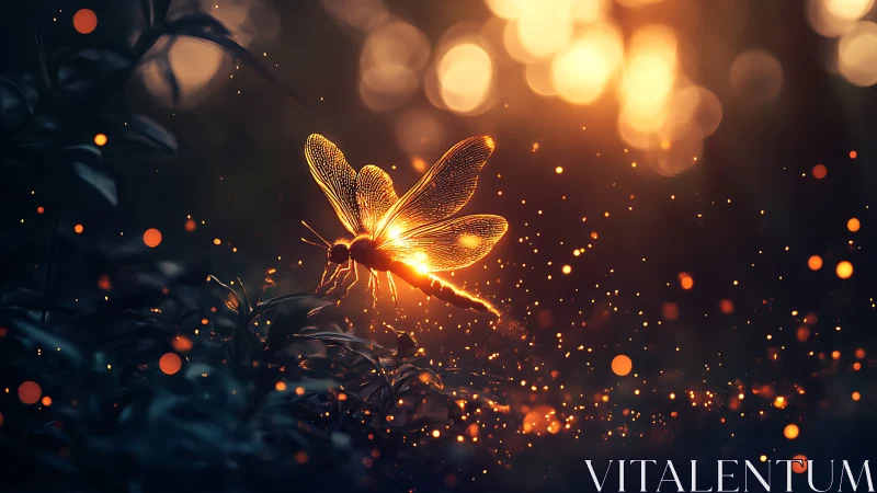 Golden dragonfly drifts through glowing sparks at dusk