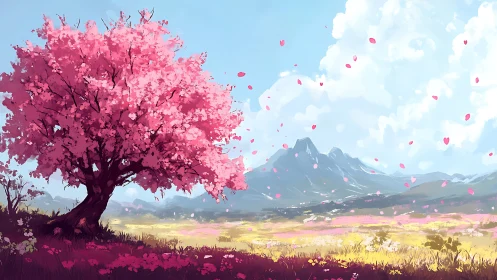 Blossoming cherry tree overlooking luminous spring valley.