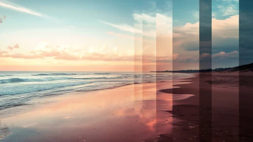 Layered sunset beach seascape with segmented reflections.