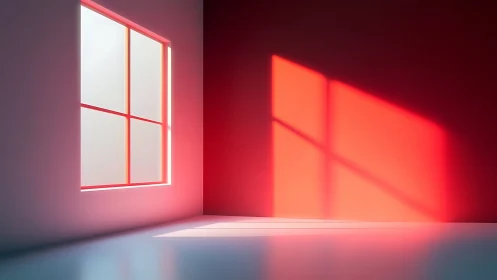 Minimalist interior window casting bold neon red light.