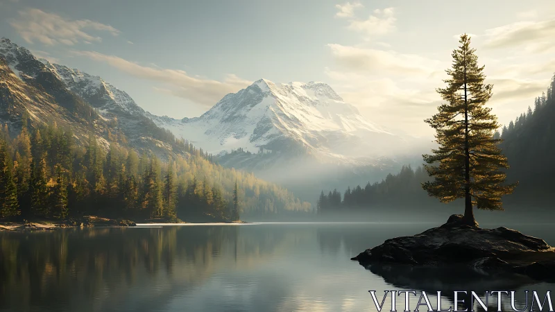 Solitary conifer on alpine lake island under hazy sunrise