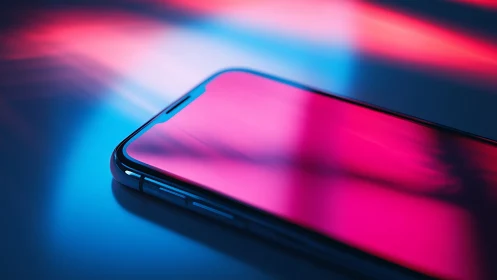 Glass smartphone closeup under neon pink and blue light.