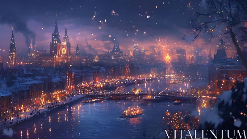 Festive riverside city glows under winter fireworks night.