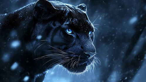 Black Leopard with Luminous Eyes in Snowstorm Environment.