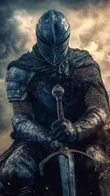 Armored knight seated with greatsword under stormy sky.