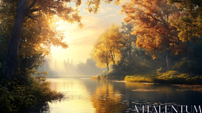 Golden autumn sunlight over calm reflective forest river.