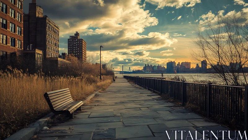 Golden hour river walkway invites quiet cityside wandering