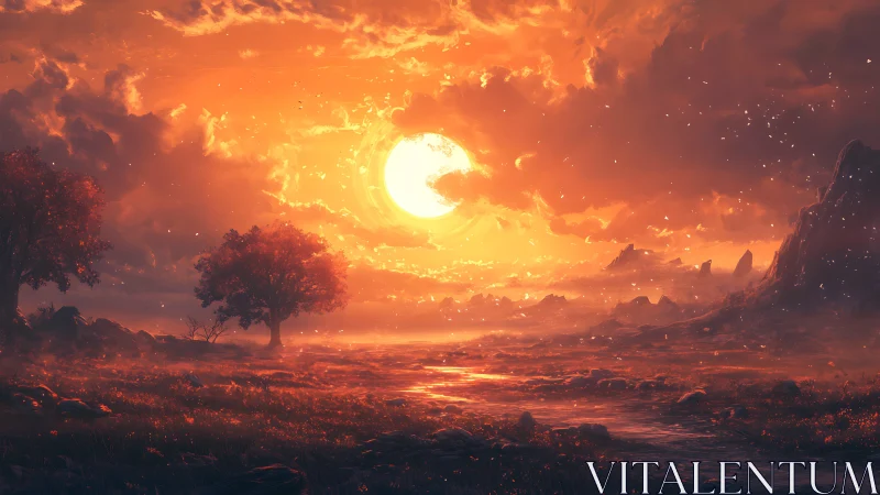 Molten twilight river quietly swallows the last fierce sun