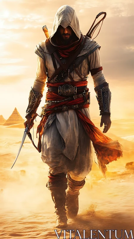 Hooded desert rogue striding through molten-gold sands.