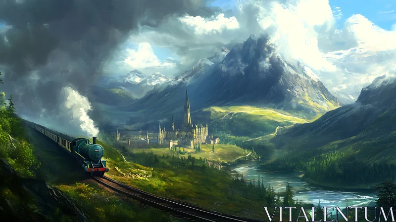 Steam train crosses lush valley toward distant mountain city