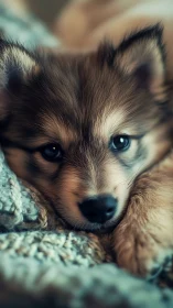 Close-up portrait of resting puppy on textured blanket.