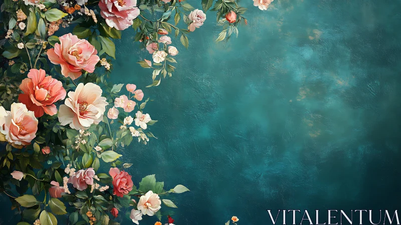 Botanical Composition with Layered Floral Elements Against Textured Teal Background
