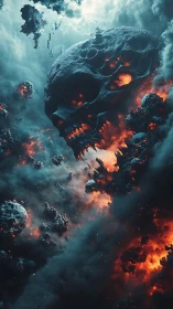 Skull-shaped cosmic storm drifting through burning nebula.