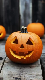 Photographic jack-o’-lantern portrait on rustic wood deck.