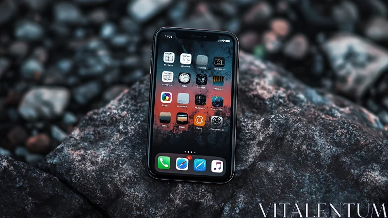 iPhone on Rocky Terrain: Dark Mode Interface Display with Mountain Environment