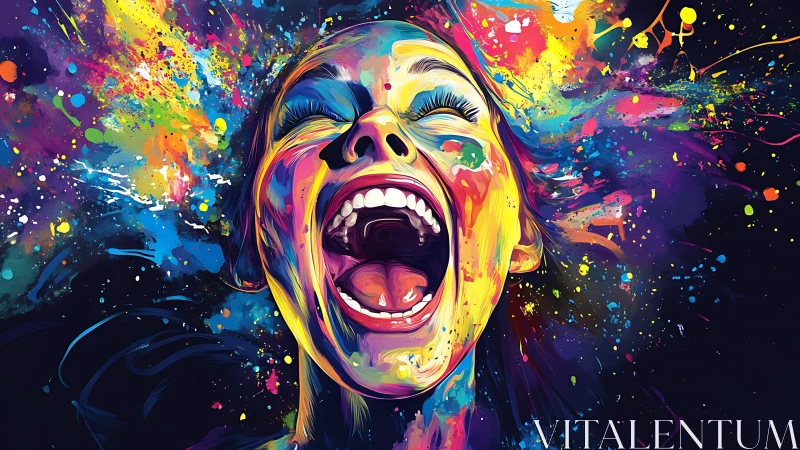 Digitally rendered face with radial multicolor paint dispersion