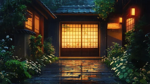 Warm shoji-lit courtyard renders rain-soaked Japanese entrance