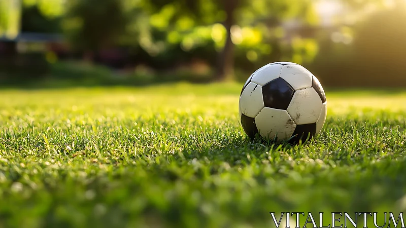 Soccer ball rests on lush grass under warm sunset light.