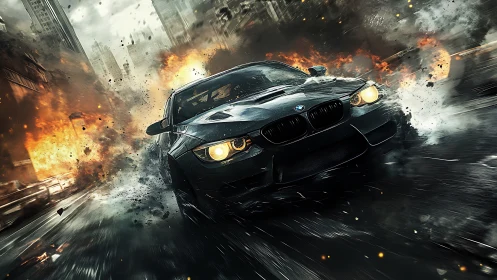 Midnight street racer slicing through fire and stormy chaos.