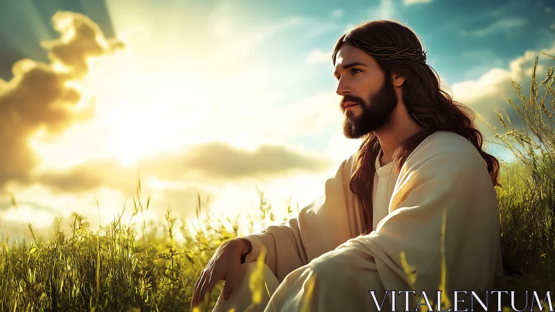 Backlit robed figure with halo-like rim lighting in sunlit meadow