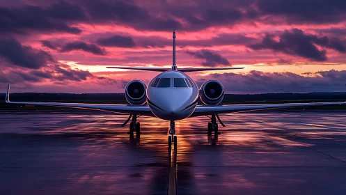 Private jet front view against vivid sunset sky at runway.