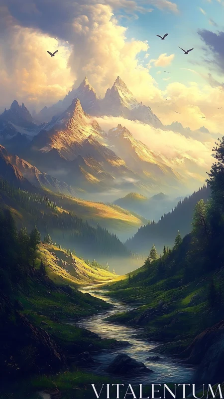 Sky-bathed mountain cathedral over a winding silver river.