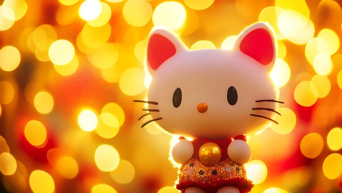 Lucky cat figurine with festive golden bokeh illumination.
