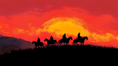 Silhouetted riders on horseback crossing ridge at fiery sunset