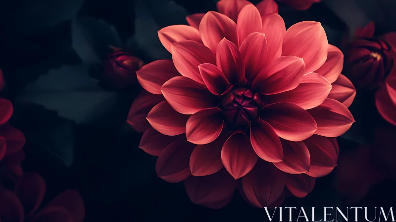 Red Dahlia Flower Blooming Against Dark Background.