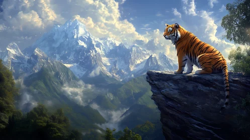 Tiger sentinel above misty alpine mountain kingdom.