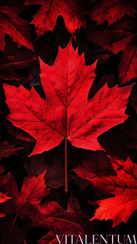 Scarlet maple leaf glows against shadowed autumn layers.