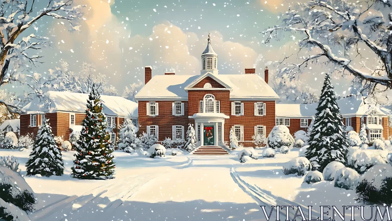 Snowy colonial mansion with festive Christmas wreaths.