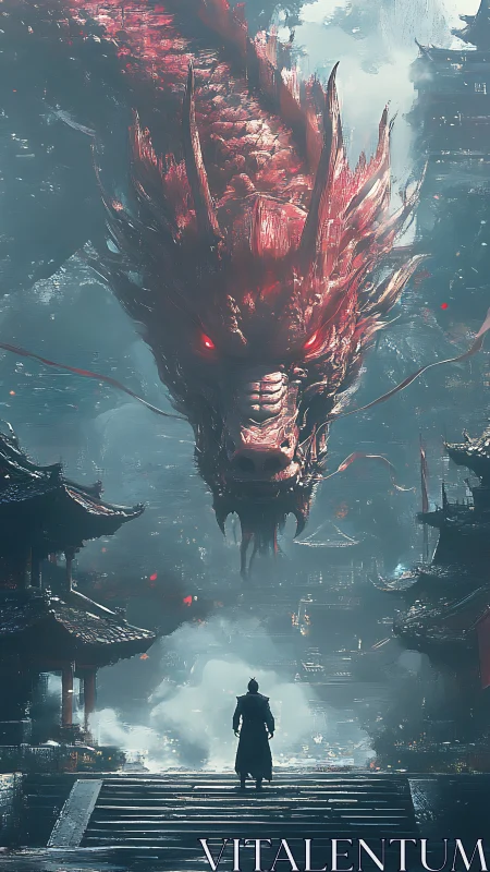 Scarlet dragon descending above misted temple cityscape.