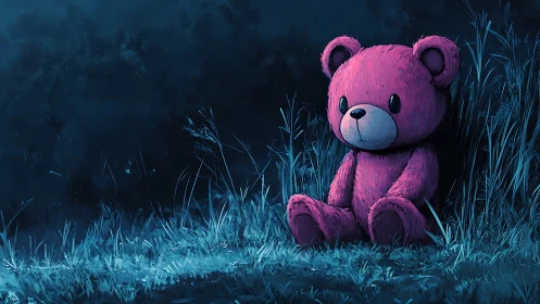 Nocturnal scene depicts pink plush bear in rim‑lit grass verge