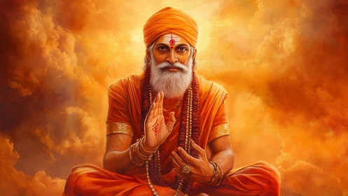 Orange-robed guru in meditative pose against radiant clouds