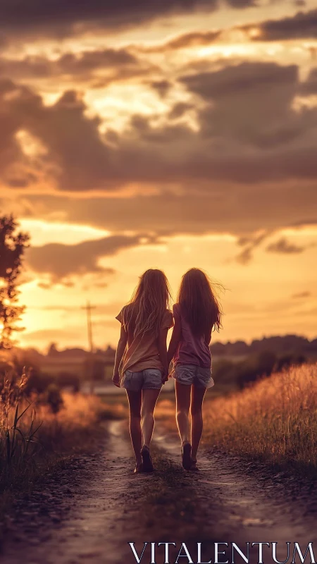 Two young friends walk a sunlit country path at golden hour