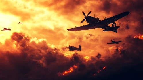 Warbirds crossing infernal sunset clouds in formation flight.